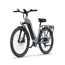 Bicicleta eléctrica OneSport OT05 en vista frontal en ángulo en color azul claro