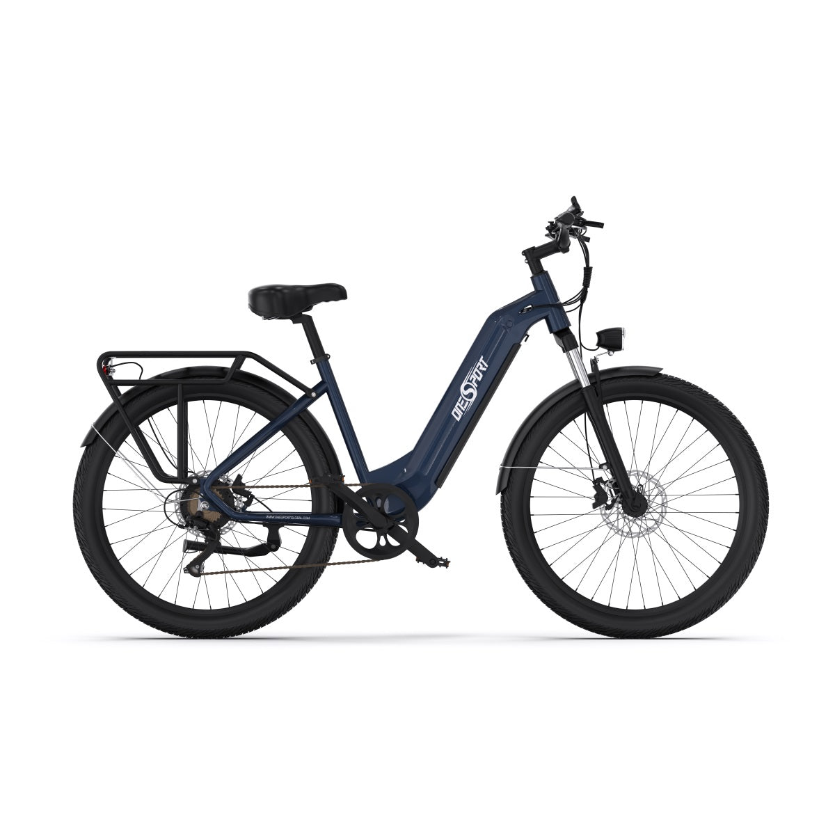 Bicicleta eléctrica OneSport OT05 vista desde el lado opuesto en color azul
