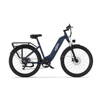 Bicicleta eléctrica OneSport OT05 vista desde el lado opuesto en color azul