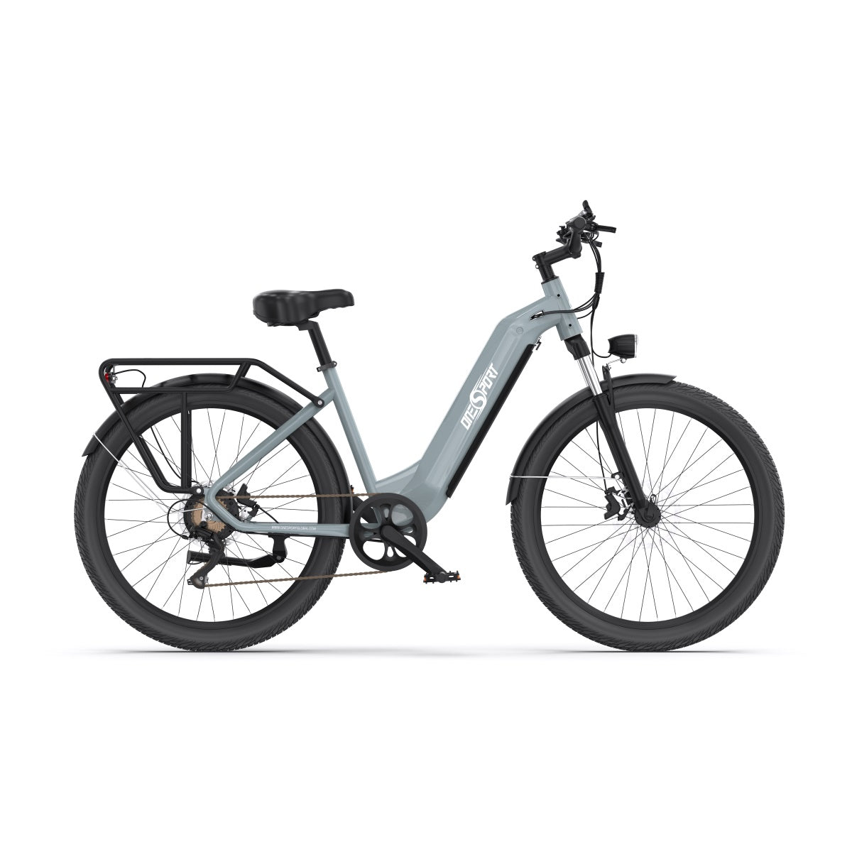 Bicicleta eléctrica OneSport OT05 vista desde el lado opuesto en color azul claro