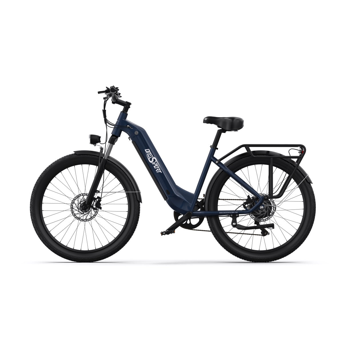 Bicicleta eléctrica OneSport OT05 vista de lado en color azul