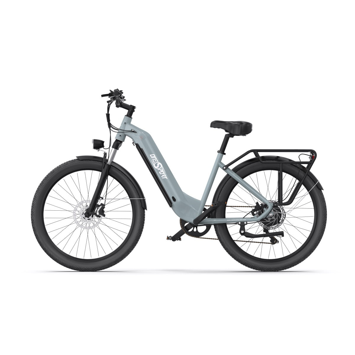 Bicicleta eléctrica OneSport OT05 vista de lado en color azul claro