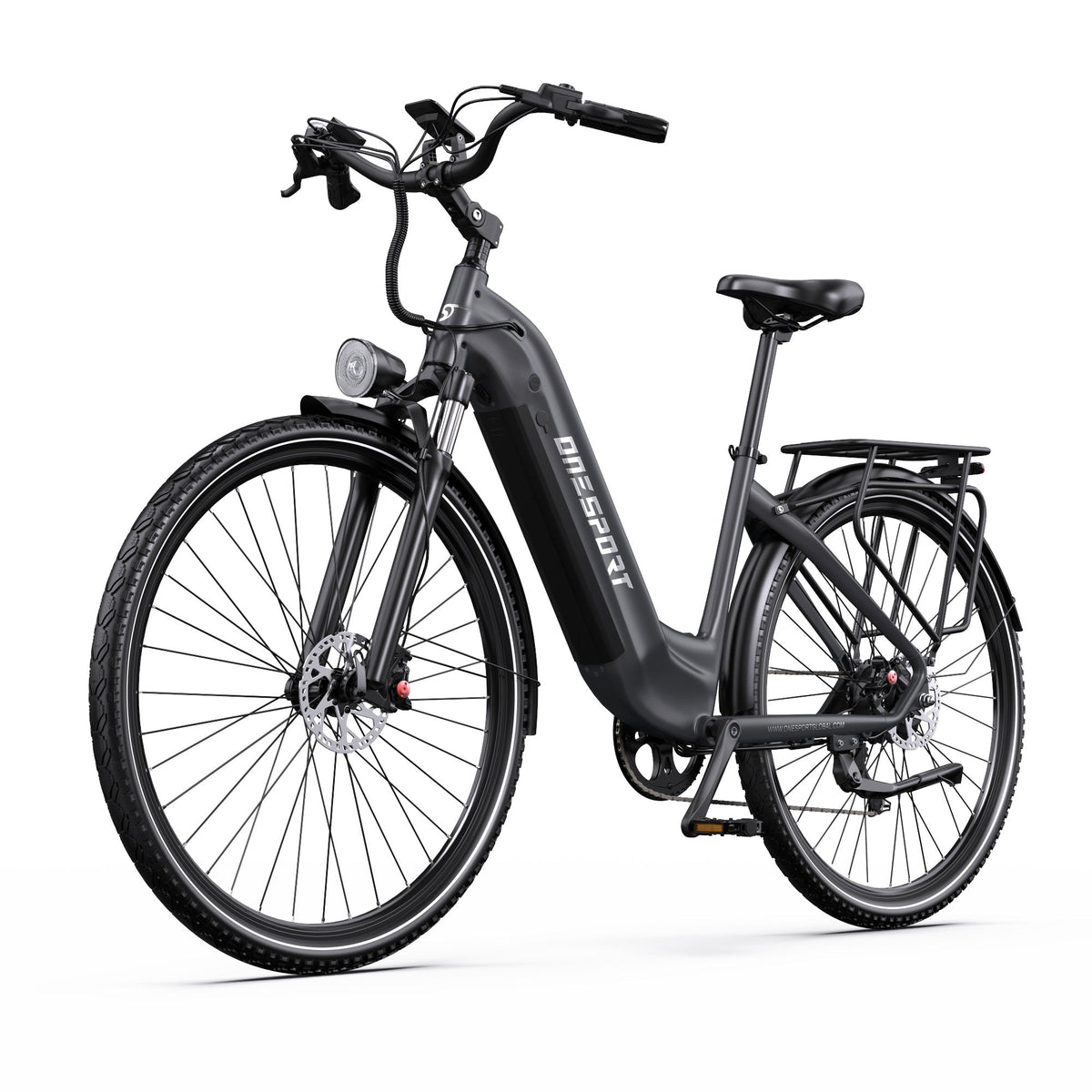 Bicicleta eléctrica OneSport OT05 Pro en vista frontal en ángulo en color negro