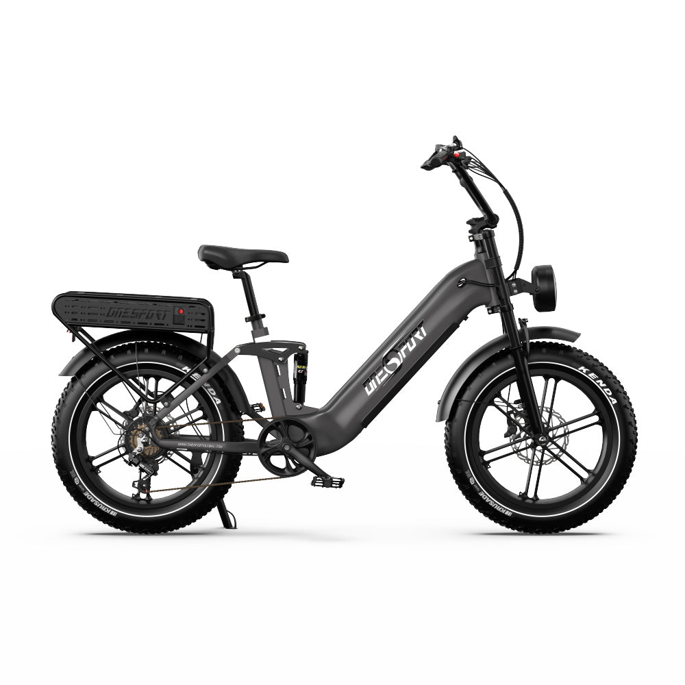 Bicicleta eléctrica fat bike OneSport OT08 Pro vista desde el lado opuesto en color gris