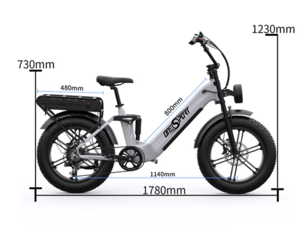 Dibujo con las medidas de la bicicleta eléctrica fat bike OneSport OT08 Pro en color blanco