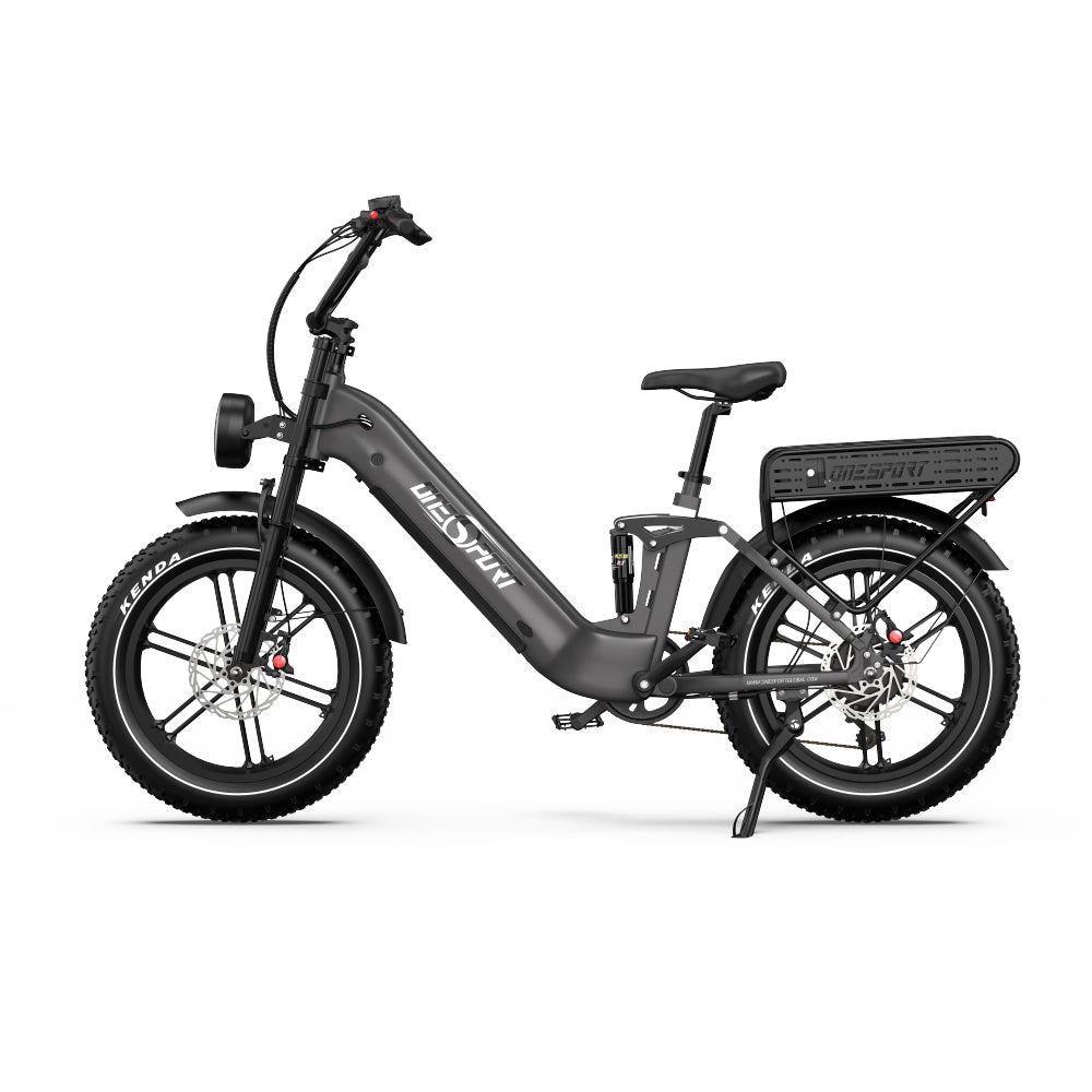 Bicicleta eléctrica fat bike OneSport OT08 Pro vista de lado en color gris
