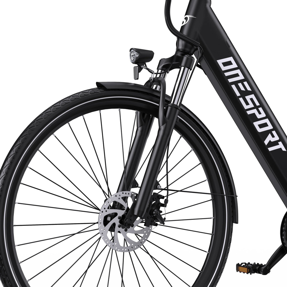 Rueda delantera y horquilla de la OneSport OT12 en color negro
