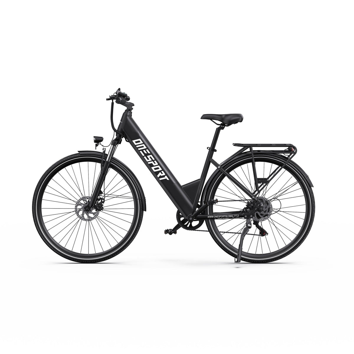 Bicicleta eléctrica OneSport OT12 vista de lado en color negro