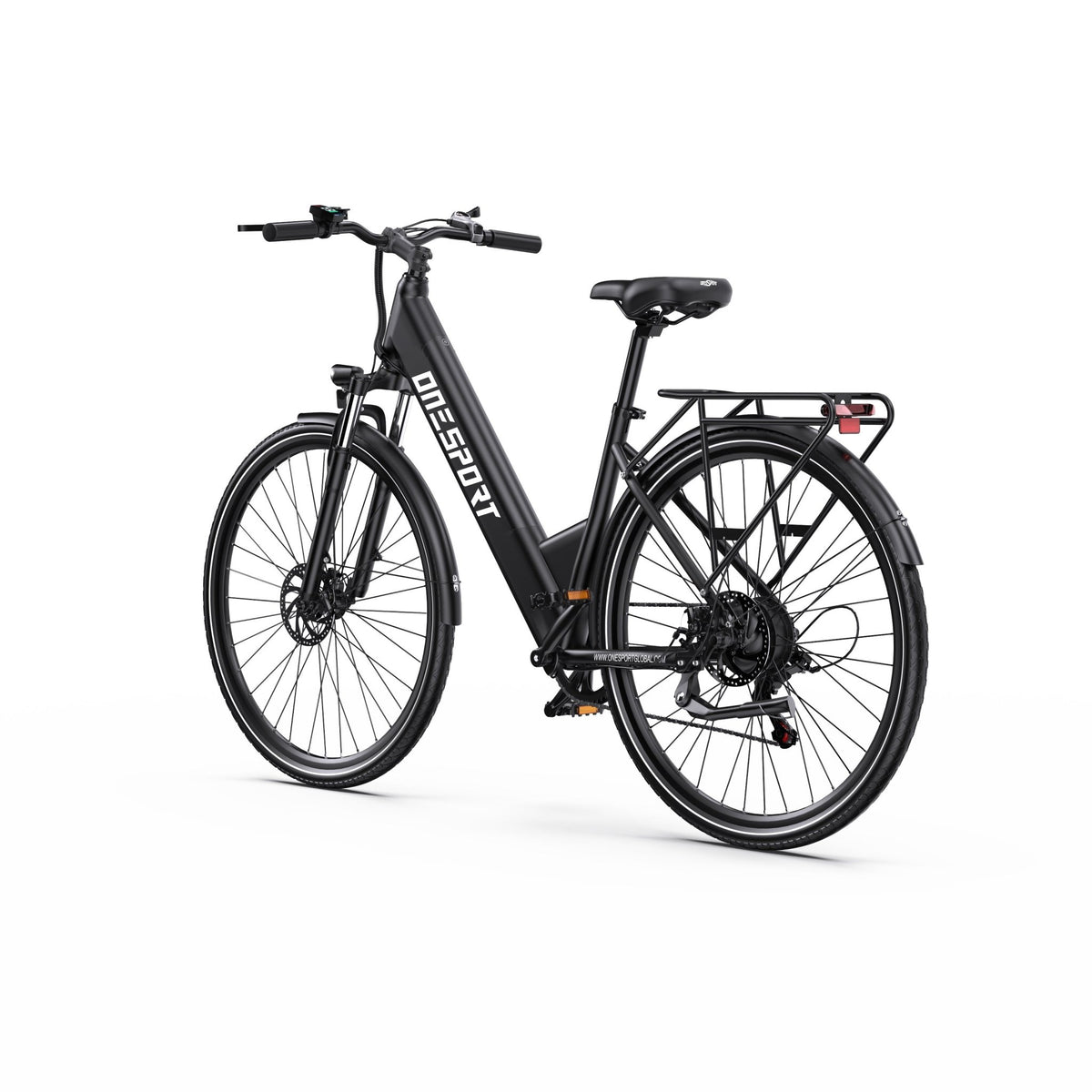 Bicicleta eléctrica OneSport OT12 vista en ángulo desde atrás desde el lado opuesto en color negro