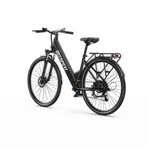 Bicicleta eléctrica OneSport OT12 vista en ángulo desde atrás desde el lado opuesto en color negro