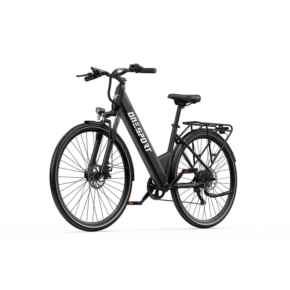 Bicicleta eléctrica OneSport OT12 en vista frontal en ángulo en color negro