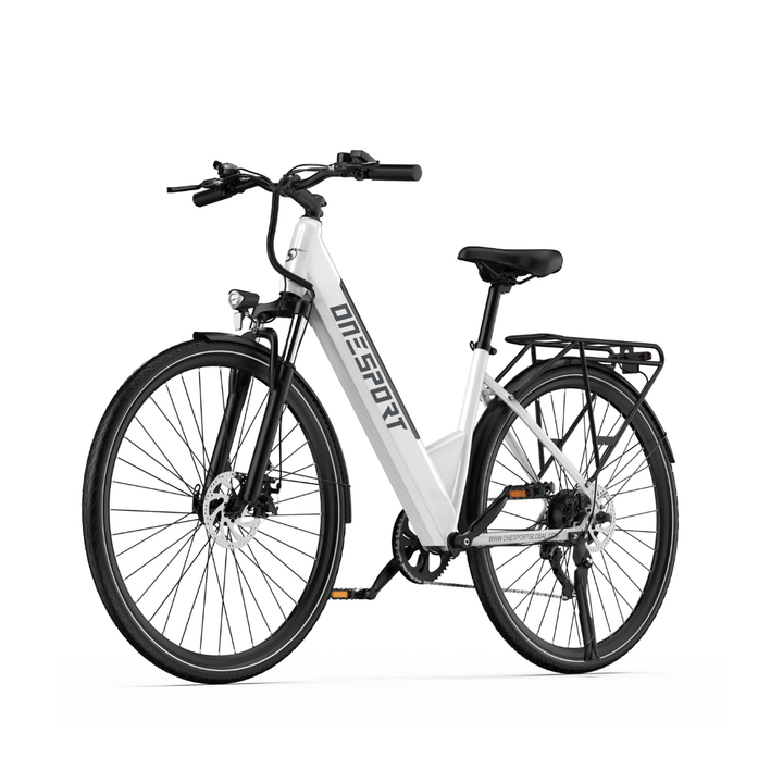 Bicicleta eléctrica OneSport OT12 en vista frontal en ángulo en color blanco