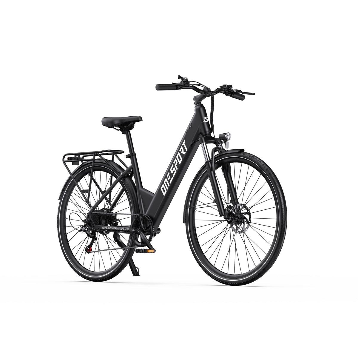 Bicicleta eléctrica OneSport OT12, vista frontal en ángulo en negro