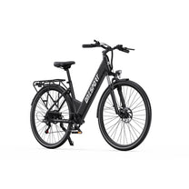 Bicicleta eléctrica OneSport OT12, vista frontal en ángulo en negro