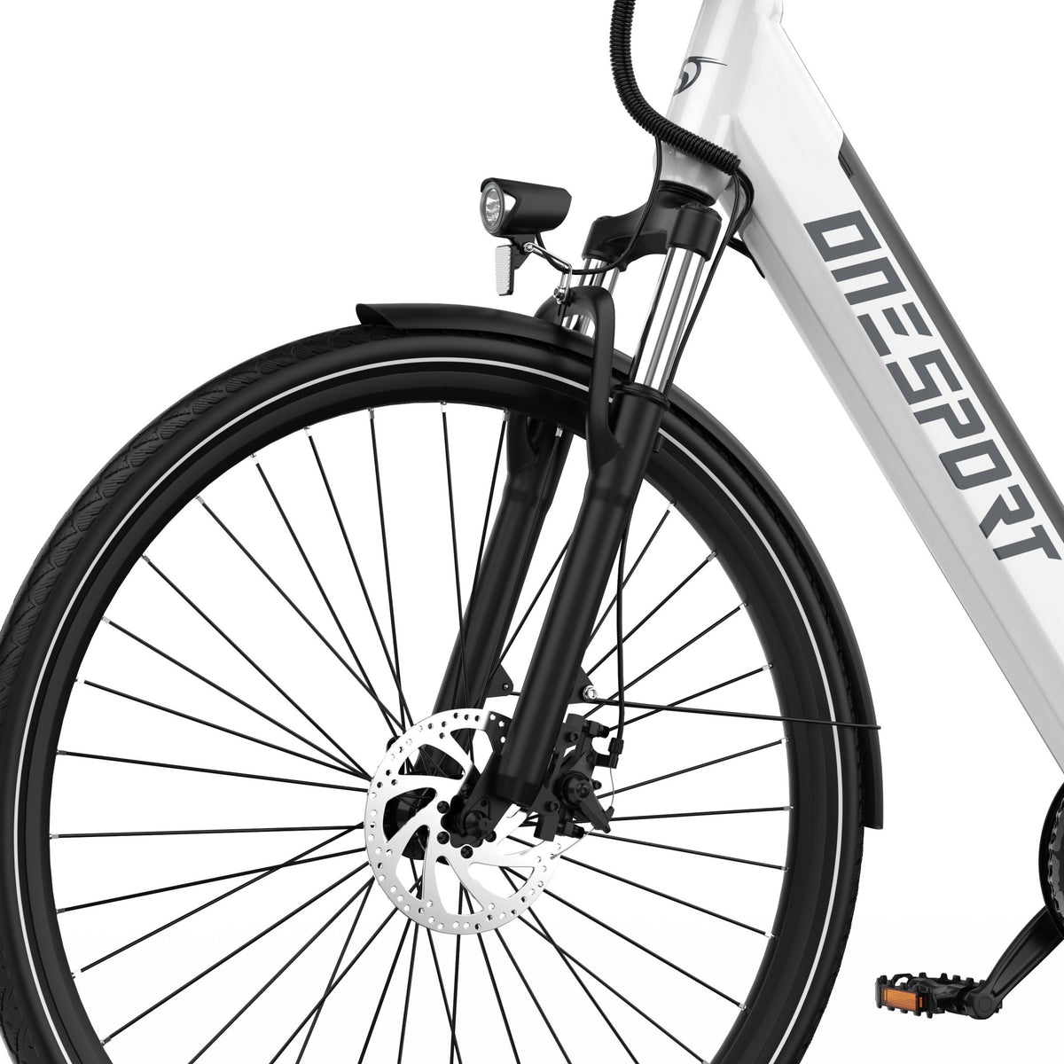 Rueda delantera y horquilla de la OneSport OT12 en color blanco