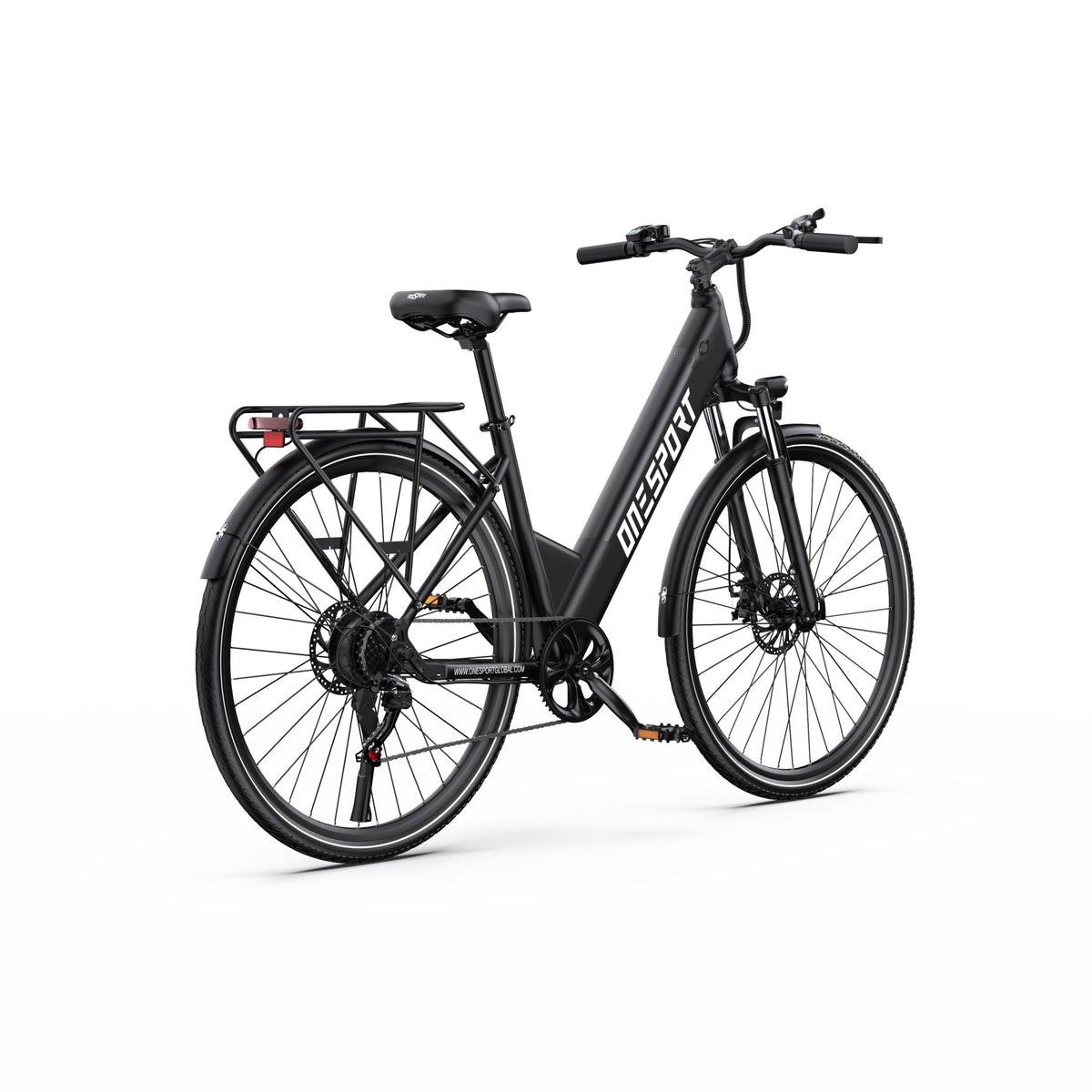 Bicicleta eléctrica OneSport OT12, vista trasera en ángulo en negro