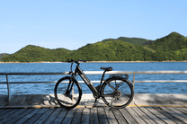 Bicicleta eléctrica OneSport OT12 vista de lado en color negro junto al mar