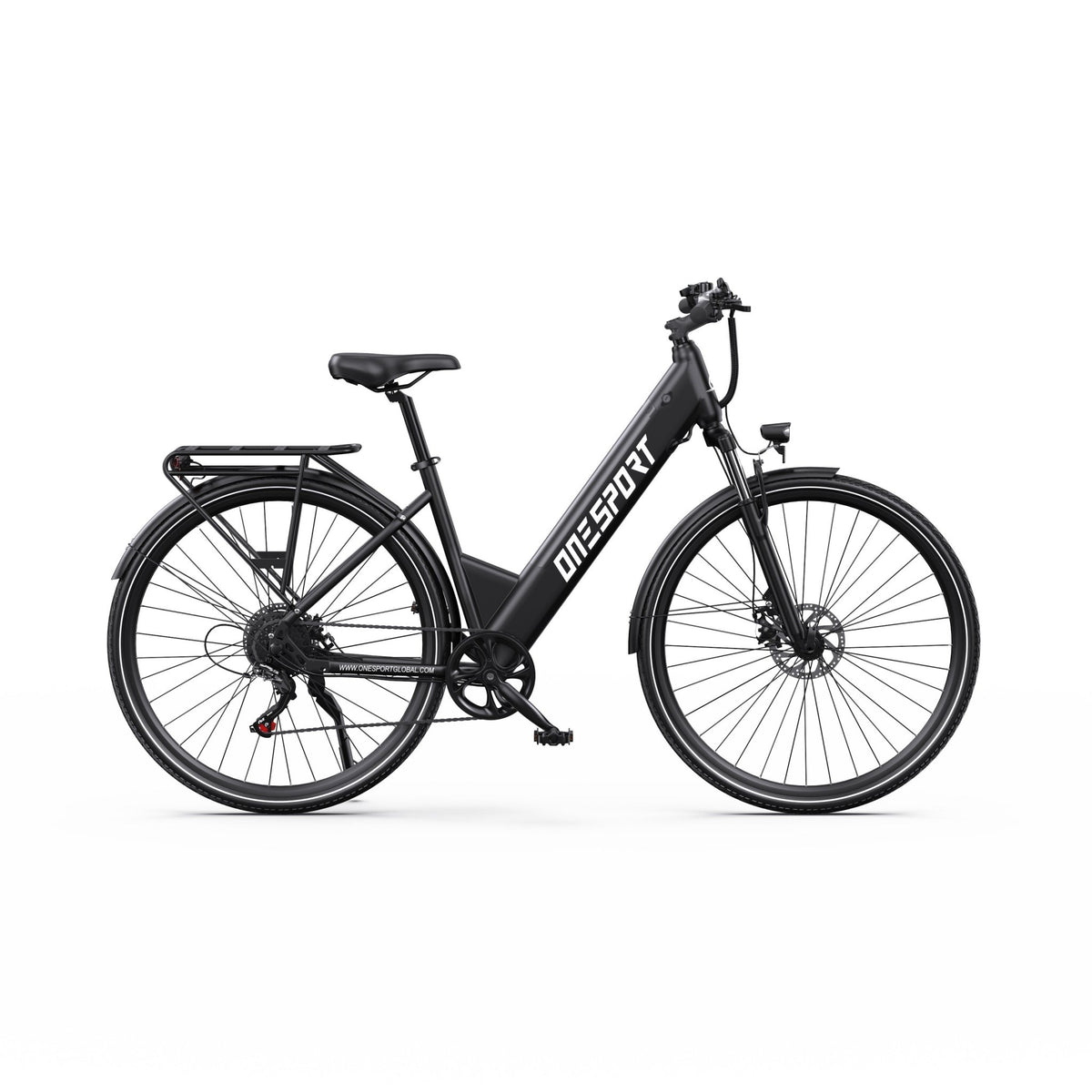 Bicicleta eléctrica OneSport OT12 vista desde el lado opuesto en color negro