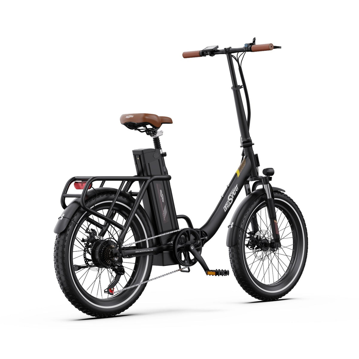 Bicicleta eléctrica plegable OneSport OT16-2 vista en ángulo desde atrás en color negro