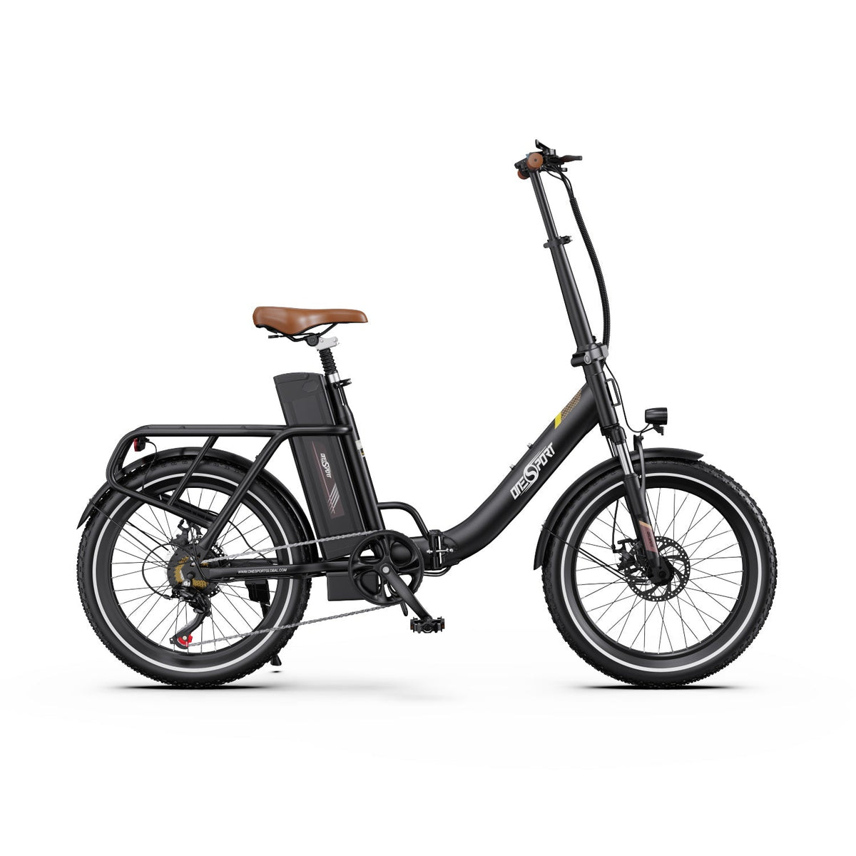 Bicicleta eléctrica plegable OneSport OT16-2 vista desde el lado opuesto en color negro