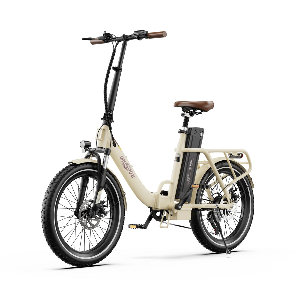 Bicicleta eléctrica plegable OneSport OT16-2 en vista frontal en ángulo en color beige