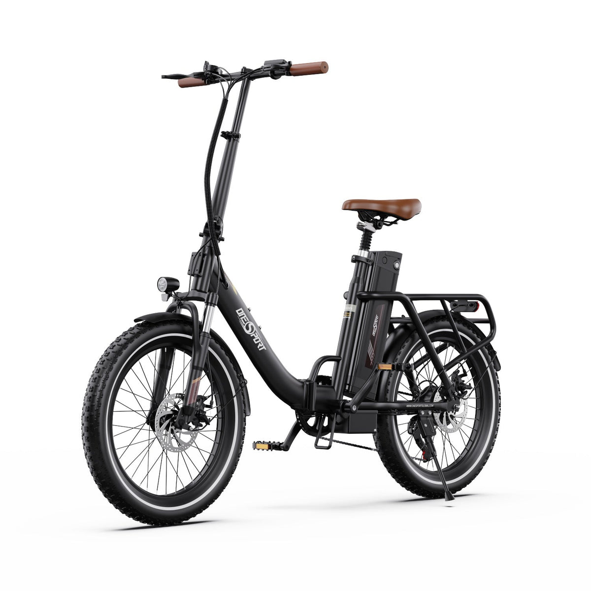 Bicicleta eléctrica plegable OneSport OT16-2 en vista frontal en ángulo desde el lado opuesto en color negro