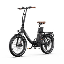 Bicicleta eléctrica plegable OneSport OT16-2 en vista frontal en ángulo desde el lado opuesto en color negro