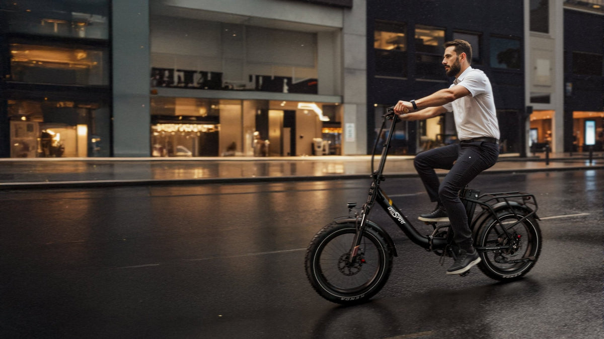 Hombre montando la bicicleta eléctrica plegable fat bike OneSport OT16 Max en color negro por la ciudad al atardecer