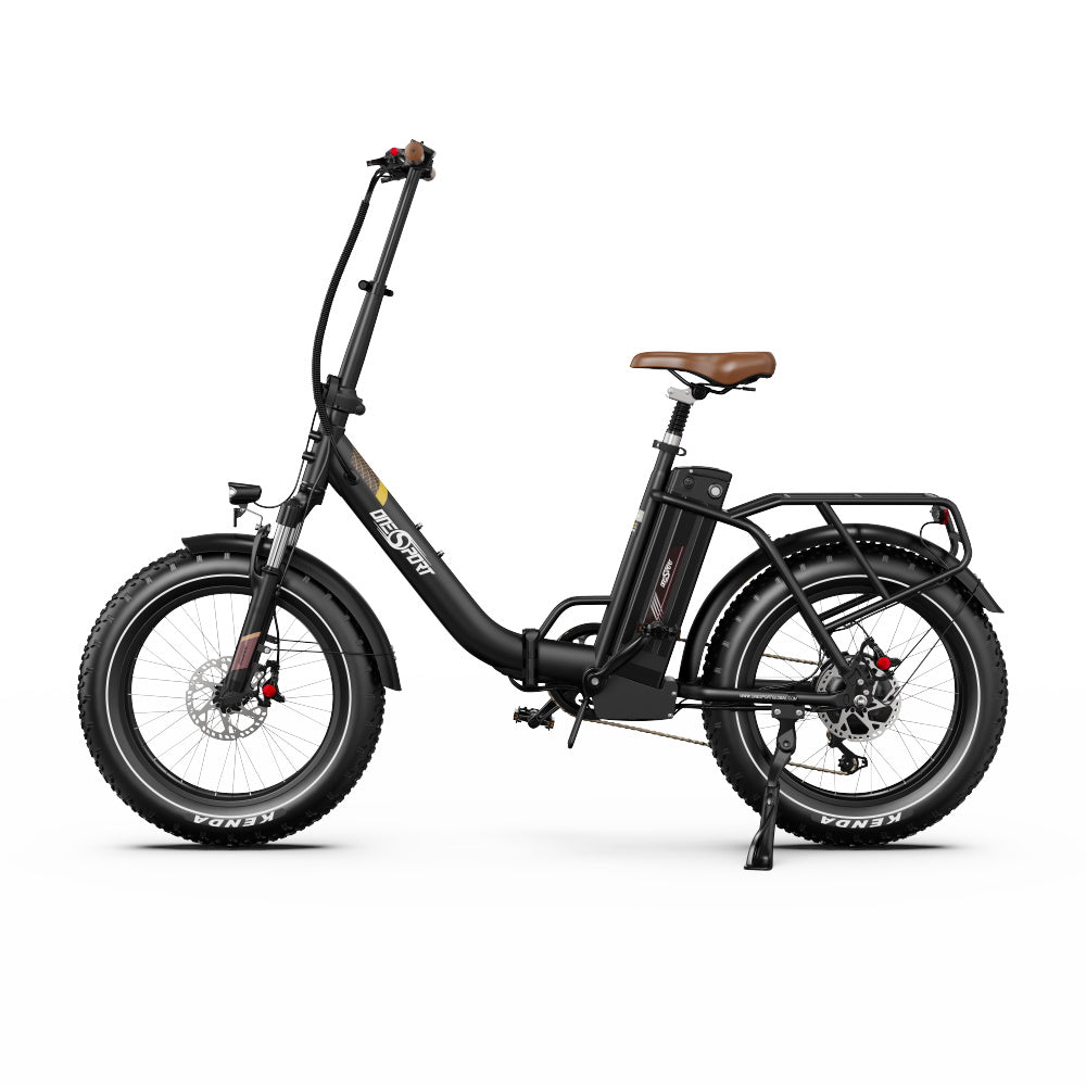Bicicleta eléctrica plegable fat bike OneSport OT16 Max en vista frontal en ángulo en color negro