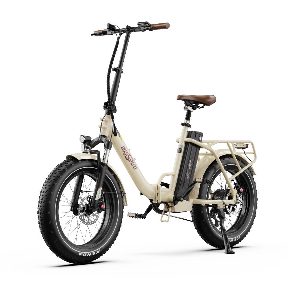 Bicicleta eléctrica plegable fat bike OneSport OT16 Max en vista frontal en ángulo en color beige