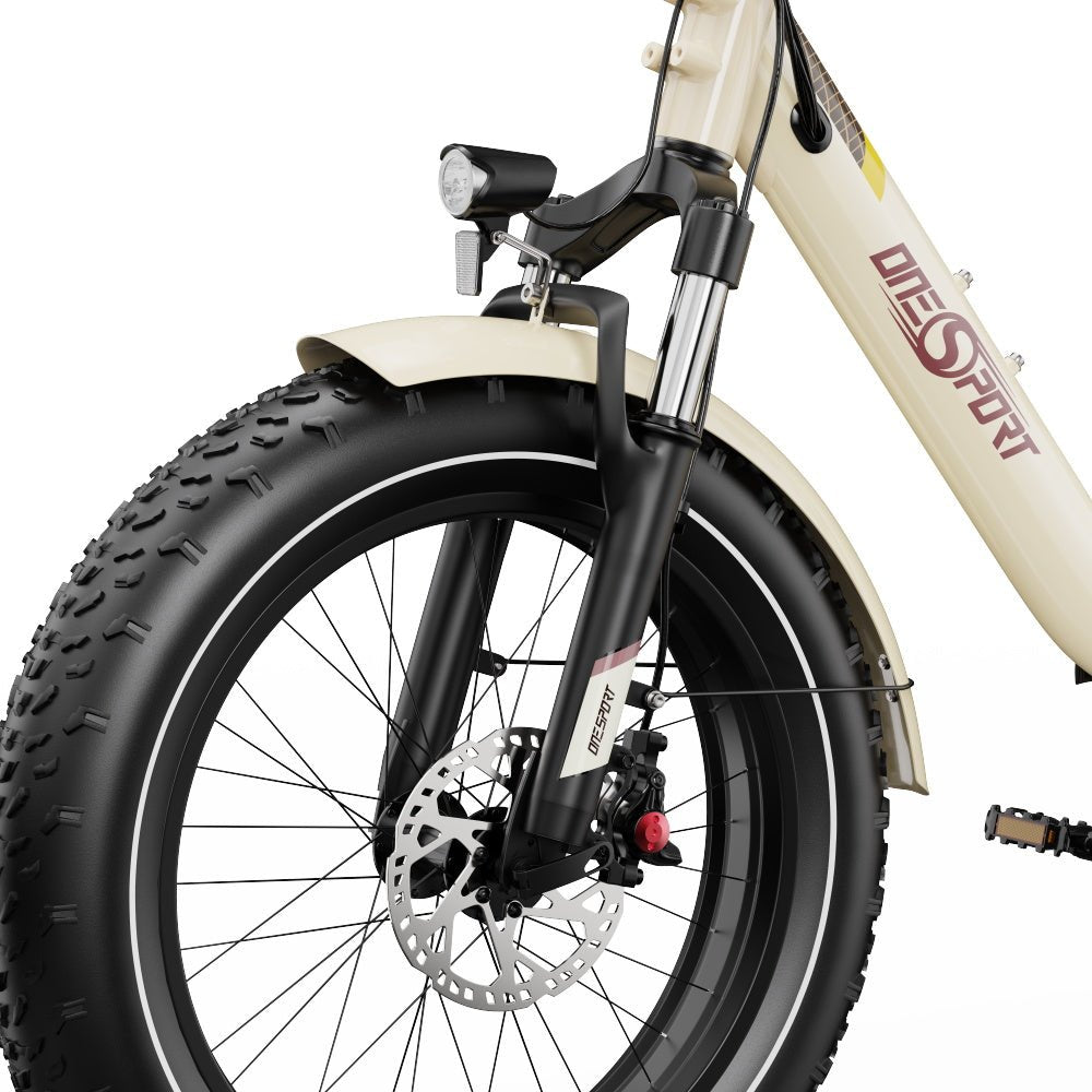 Rueda delantera y horquilla de la OneSport OT16 Max en color beige