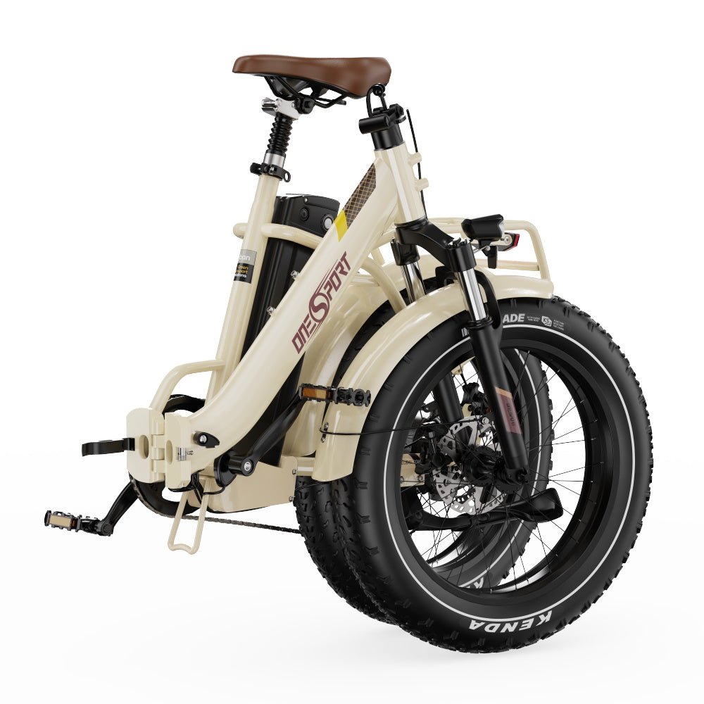 Bicicleta eléctrica plegable fat bike OneSport OT16 Max plegada en color beige