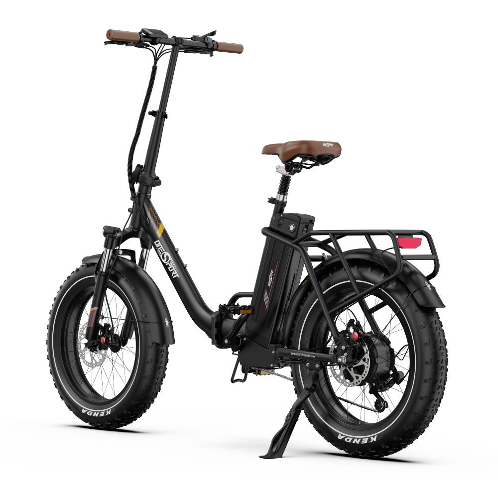Bicicleta eléctrica plegable fat bike OneSport OT16 Max vista de frente desde el lado opuesto en color negro