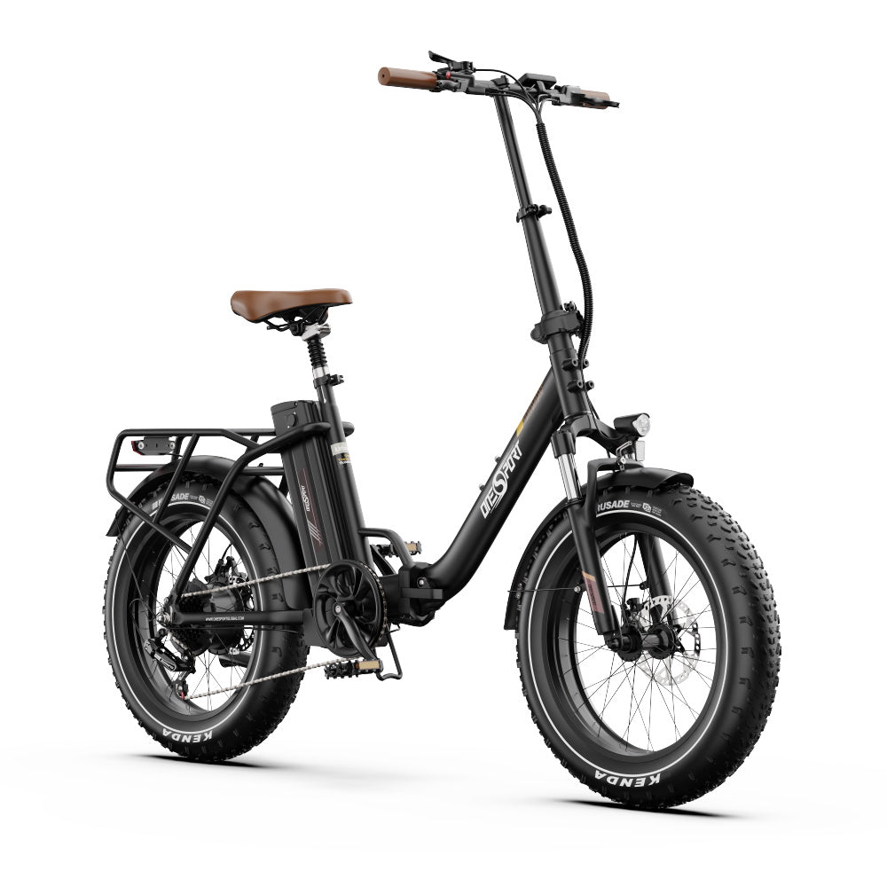 Bicicleta eléctrica plegable fat bike OneSport OT16 Max en vista frontal en ángulo desde el lado opuesto en color negro