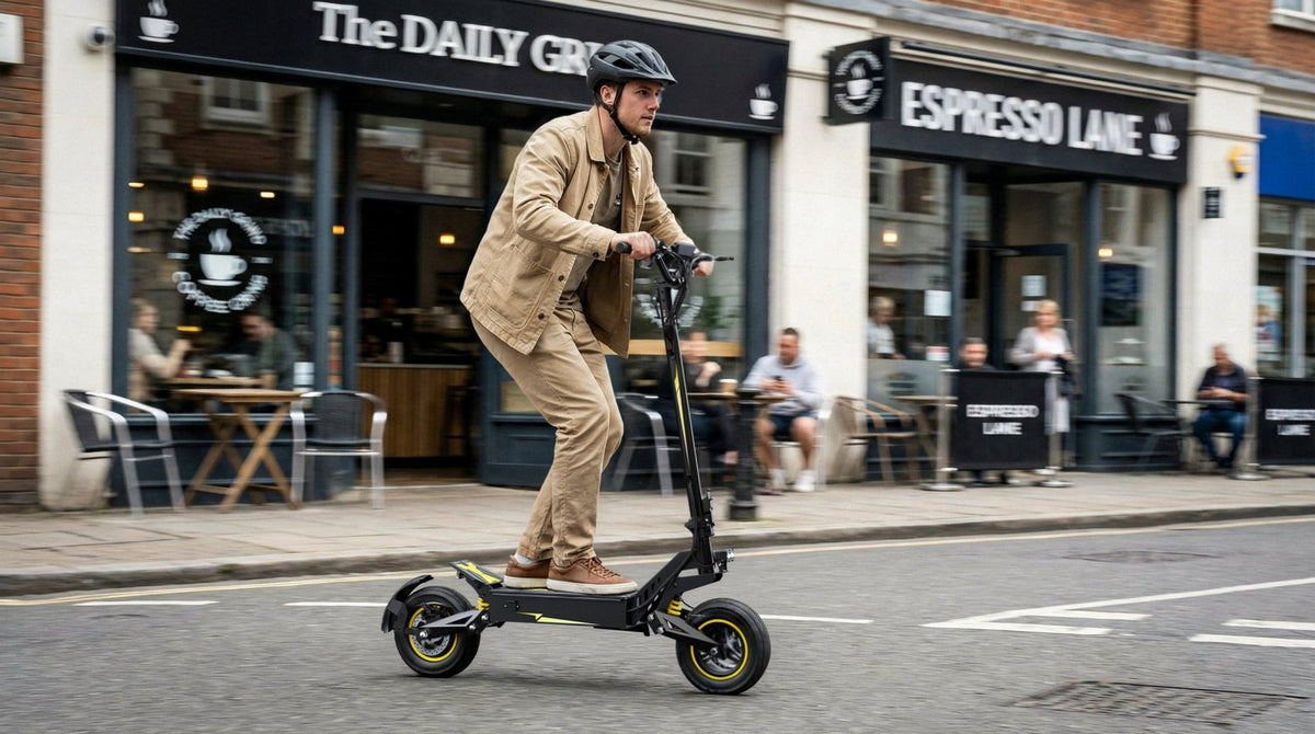 Hombre montando el patinete eléctrico OOTD T10 por la ciudad