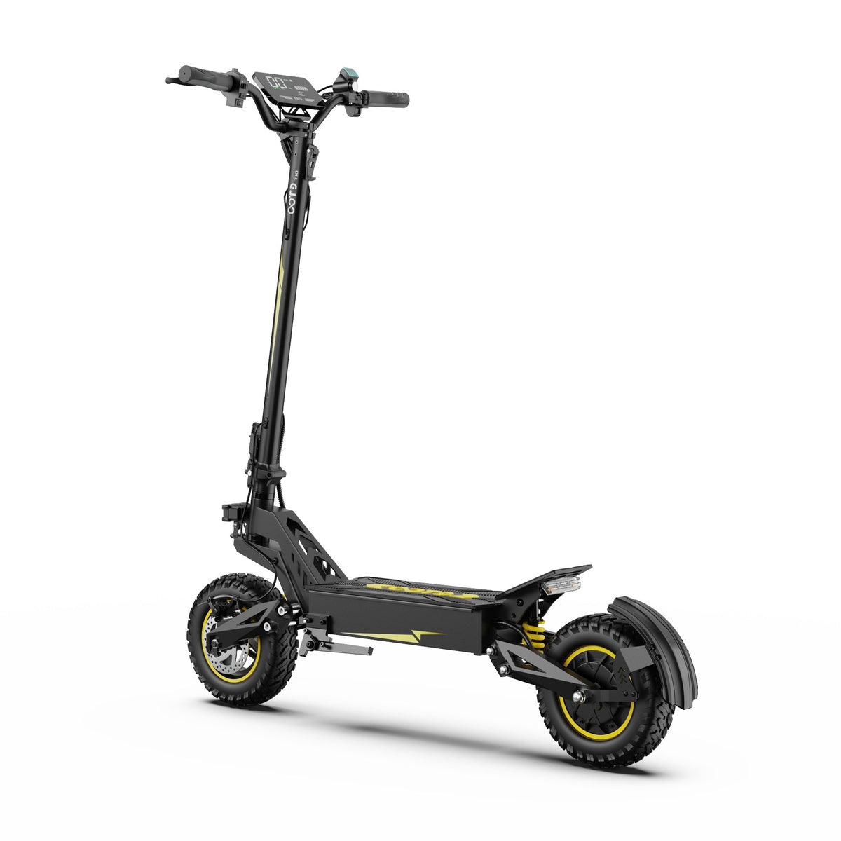 Patinete eléctrico OOTD T10 visto en ángulo desde atrás en color amarillo