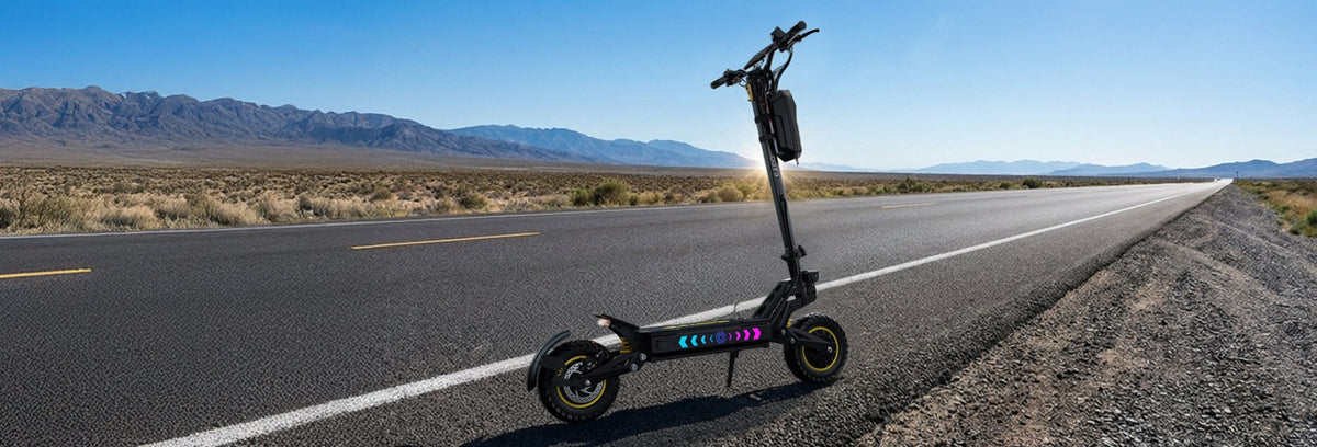 Patinete eléctrico OOTD T10 Pro en vista frontal en ángulo en la carretera