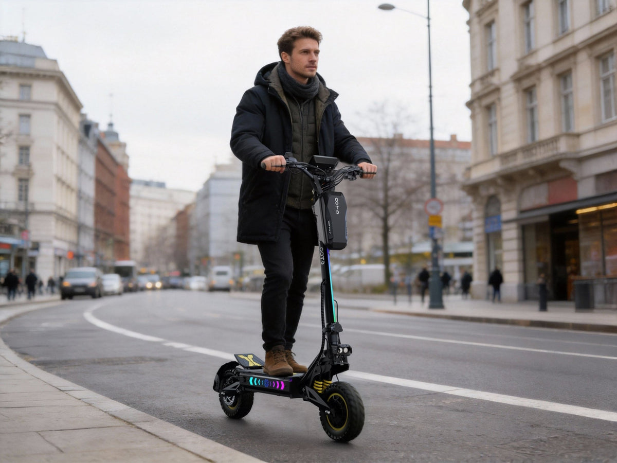 Hombre montando el patinete eléctrico OOTD T10 Pro por la ciudad