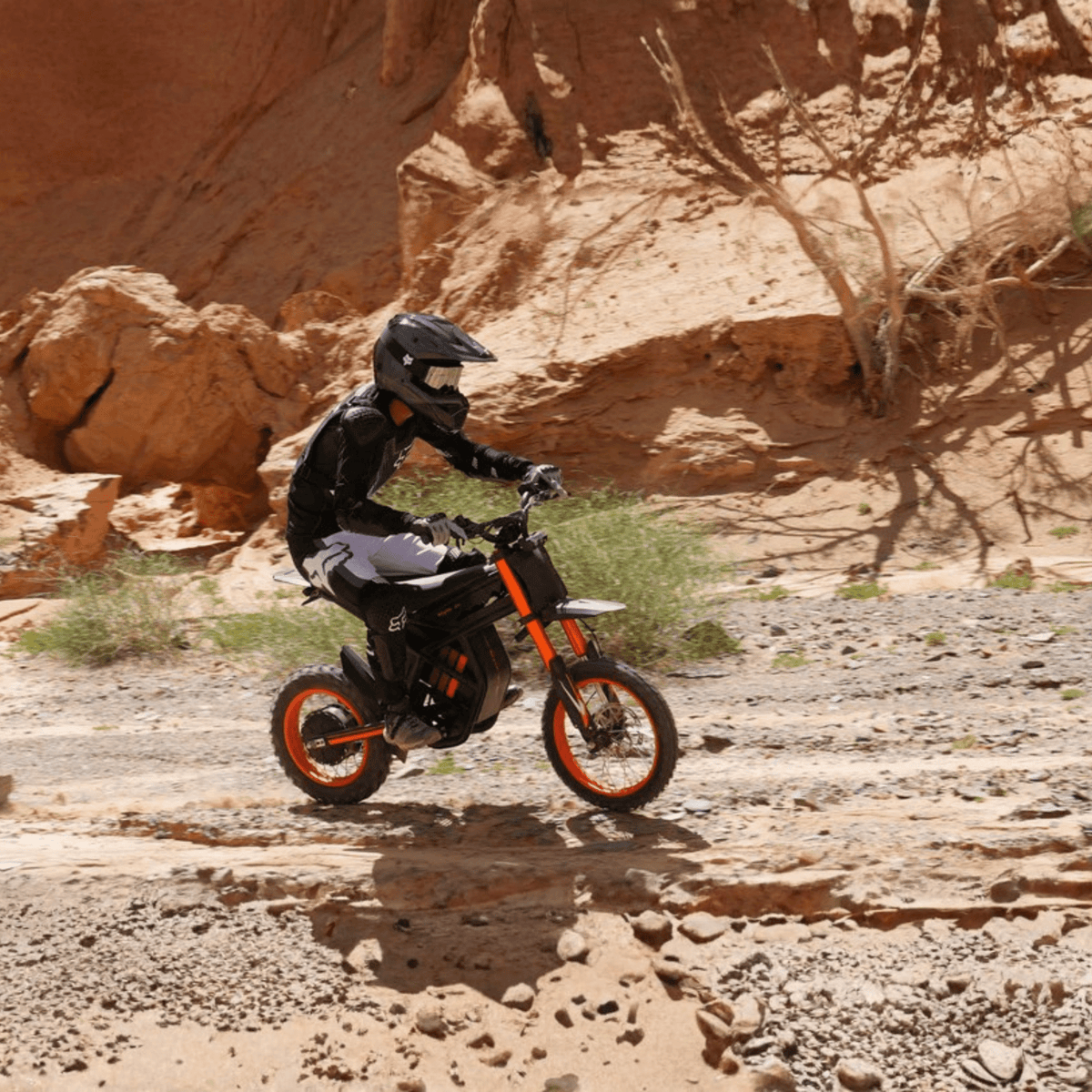 Piloto con la moto cross eléctrica Ridingtimes GT54 fuera de pista sobre terreno arenoso