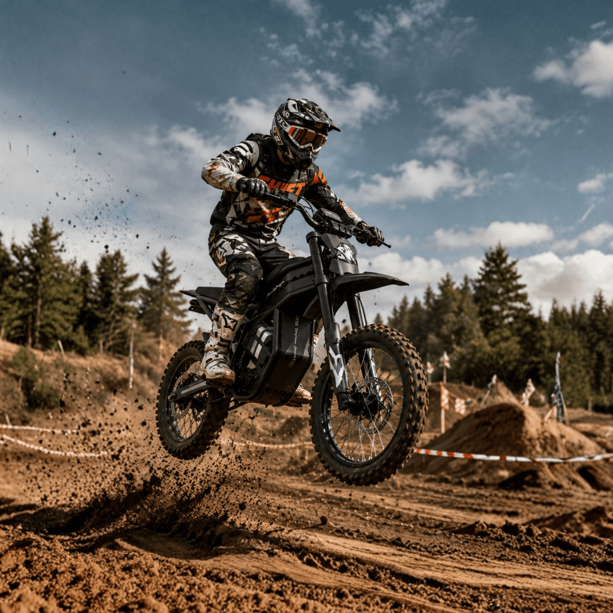 Piloto con la moto cross eléctrica Ridingtimes GT54 Pro fuera de pista sobre terreno arenoso