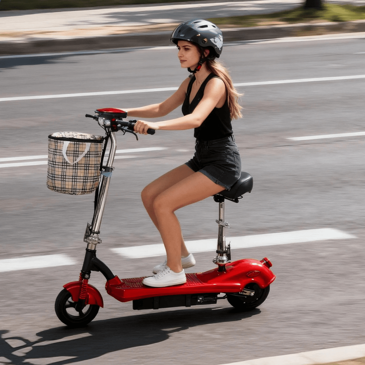 Mujer montando el patinete eléctrico SEEDREAM M5