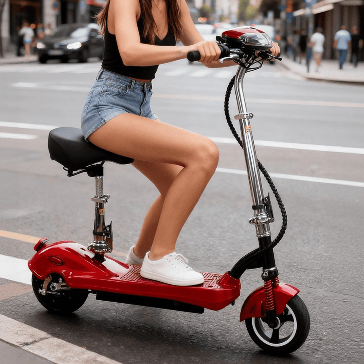 Mujer montando el patinete eléctrico SEEDREAM M5