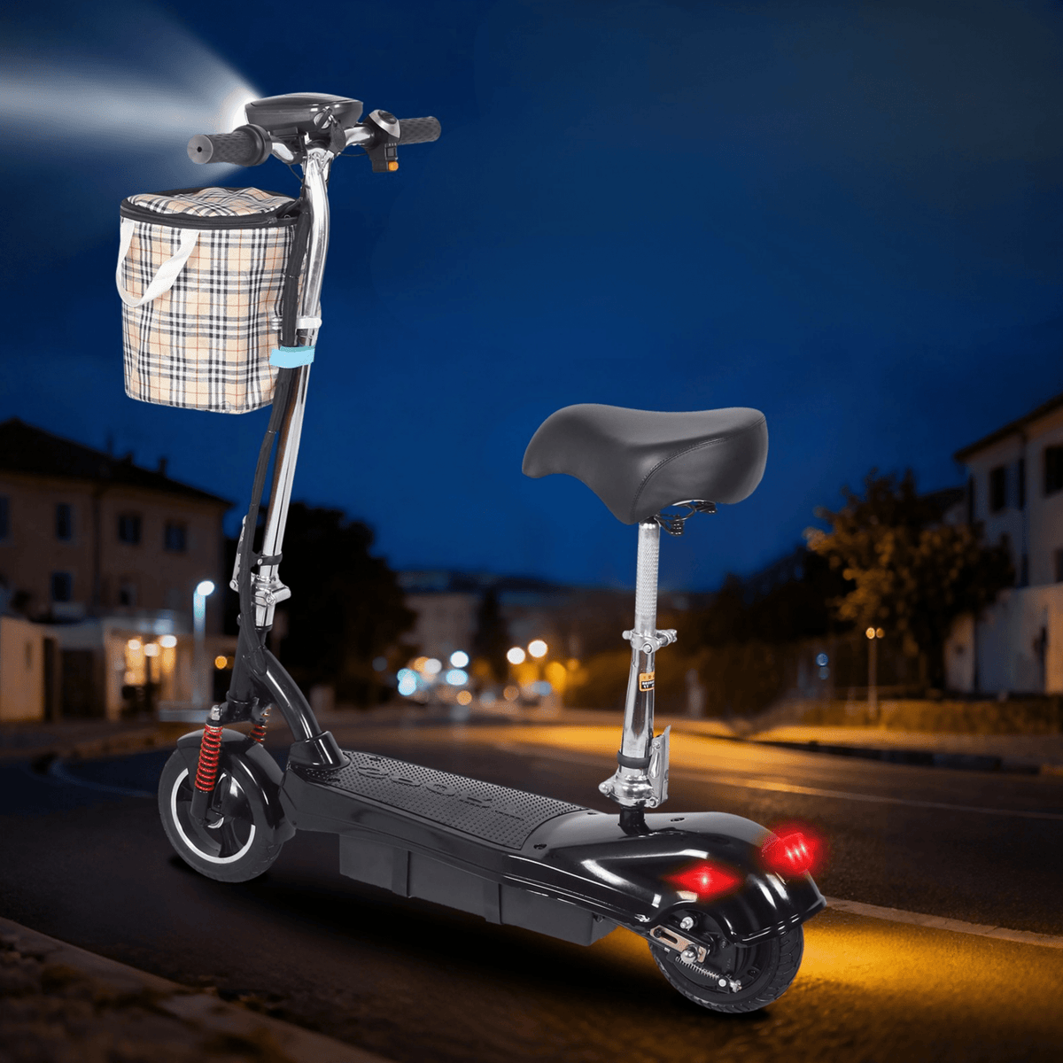 Patinete eléctrico SEEDREAM M5 en vista frontal en ángulo en un ambiente nocturno