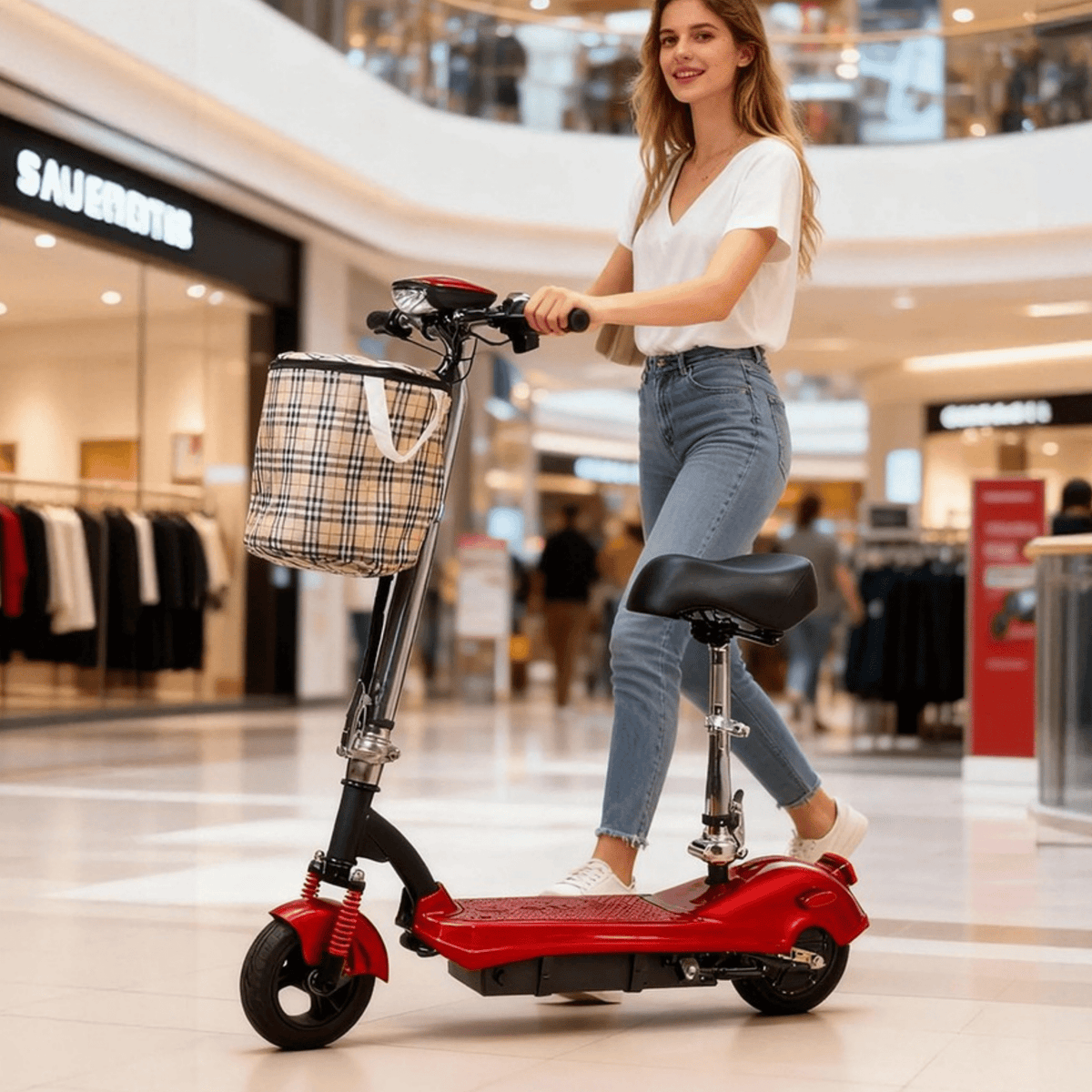 Mujer montando el patinete eléctrico SEEDREAM M5 en un centro comercial