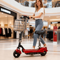 Mujer montando el patinete eléctrico SEEDREAM M5 en un centro comercial