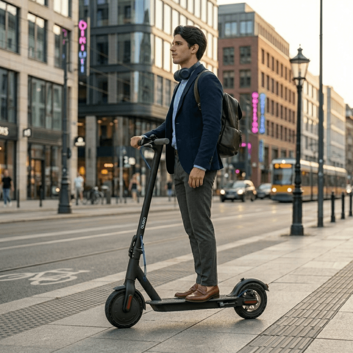Hombre de pie junto al patinete eléctrico SEEDREAM RED WING MINI en la ciudad