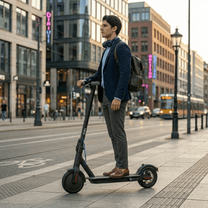 Hombre de pie junto al patinete eléctrico SEEDREAM RED WING MINI en la ciudad
