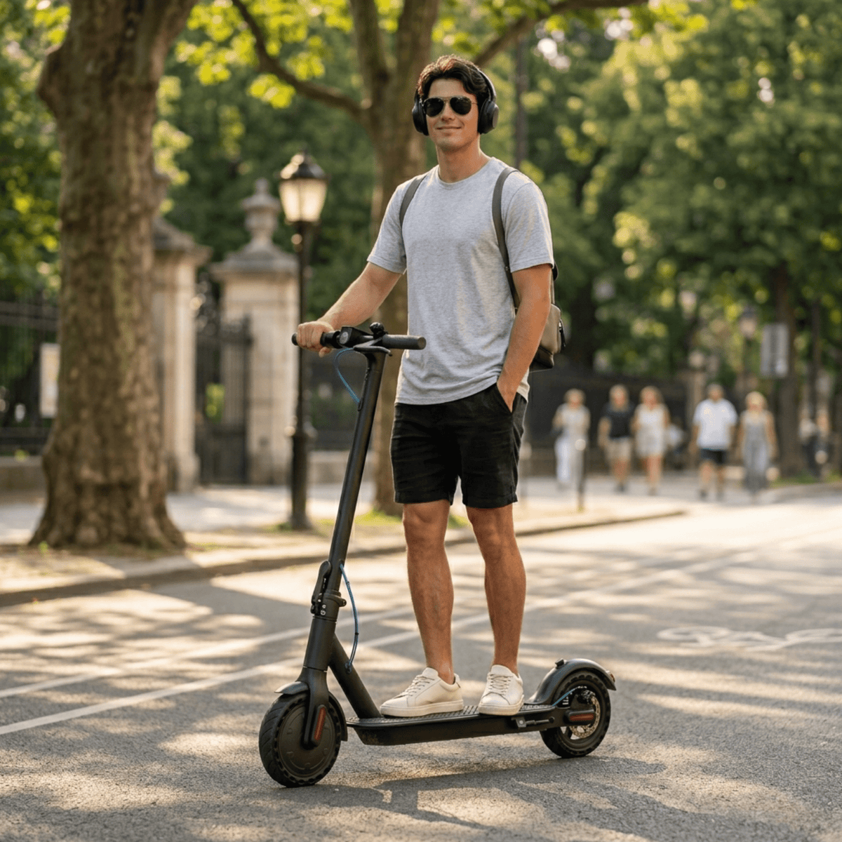 Hombre de pie junto al patinete eléctrico SEEDREAM RED WING MINI en un parque