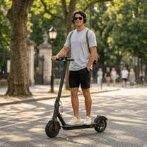 Hombre de pie junto al patinete eléctrico SEEDREAM RED WING MINI en un parque