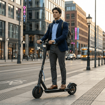 Hombre de pie junto al patinete eléctrico SEEDREAM RED WING MINI en la ciudad